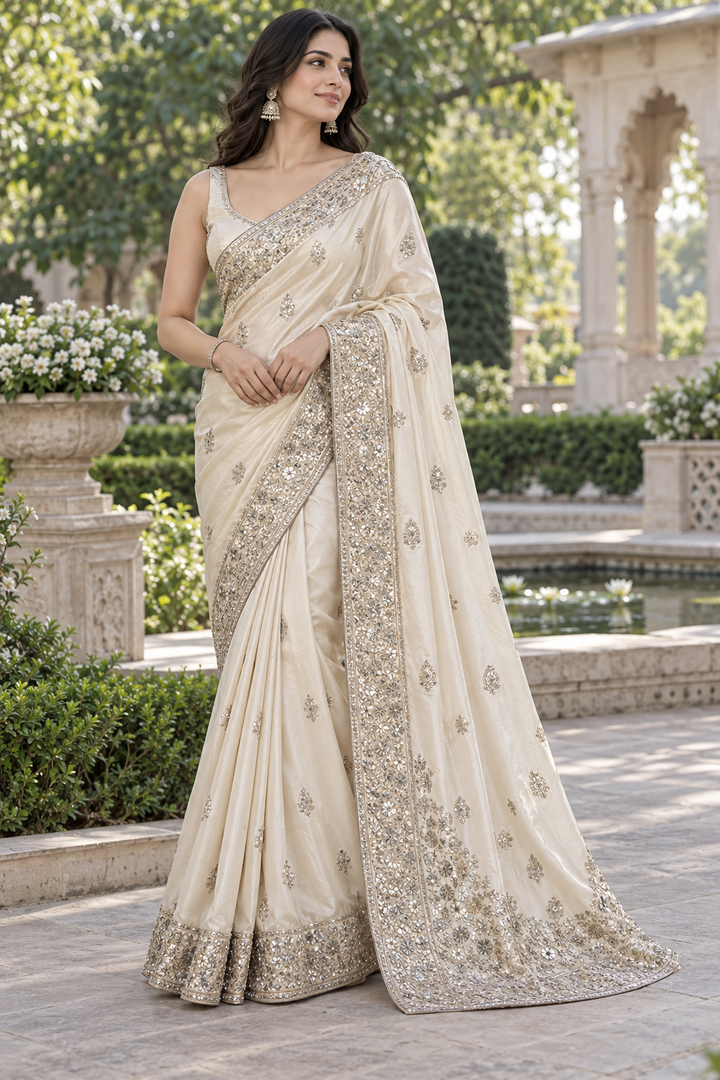 Off-White Champagne Silk Saree with Intricate Silver Zardozi & Crystal Sequin Border