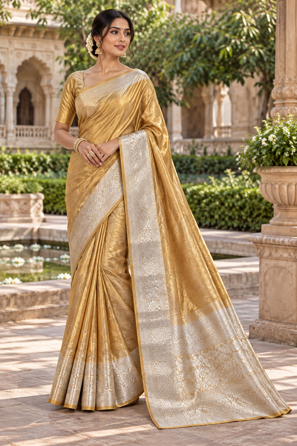 Metallic Gold Tissue Silk Saree with Contrast Woven Silver Zari Floral Border & Pallu