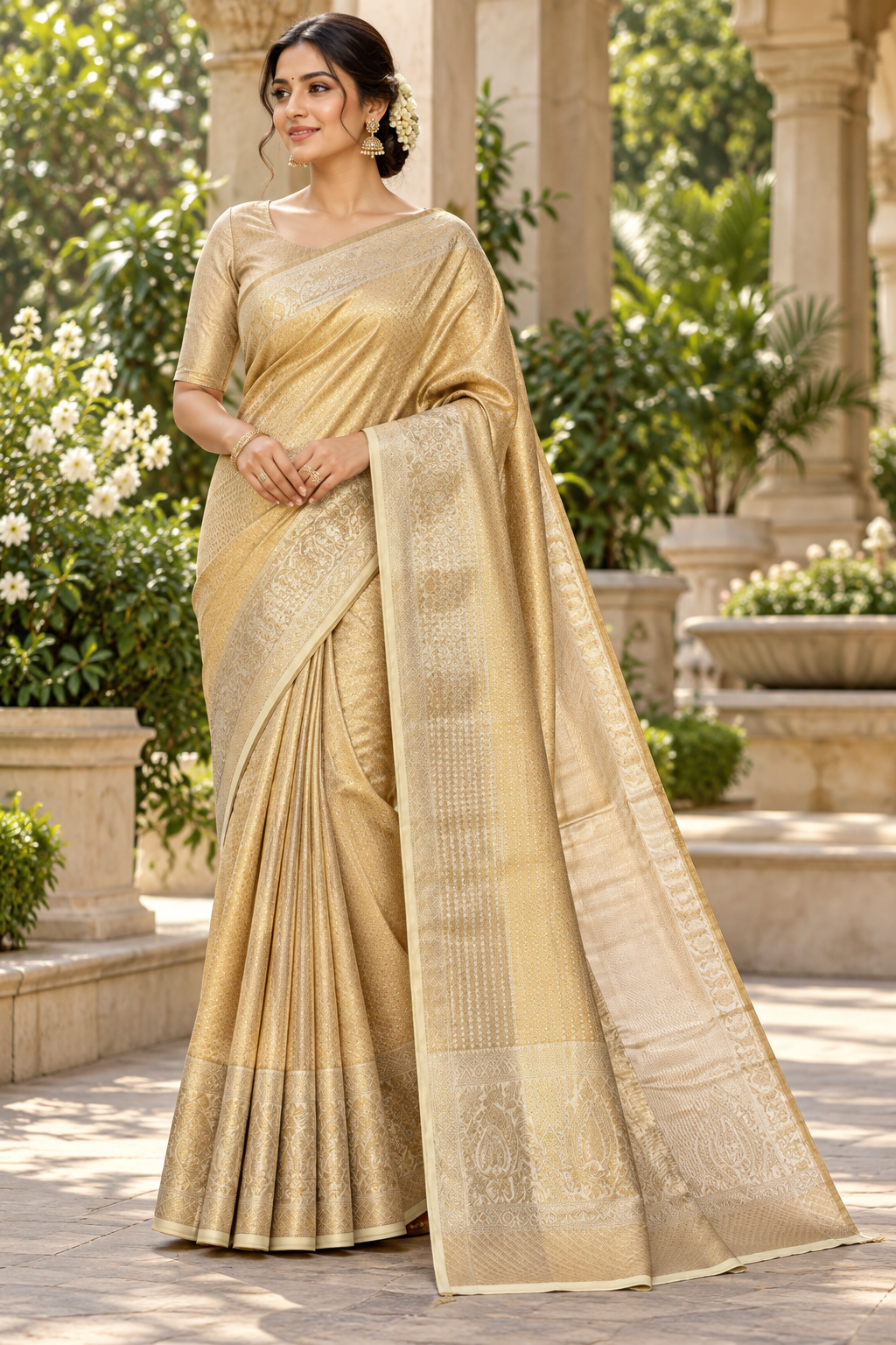 Golden Tissue Silk Saree with Traditional Woven Zari Border & Pallu