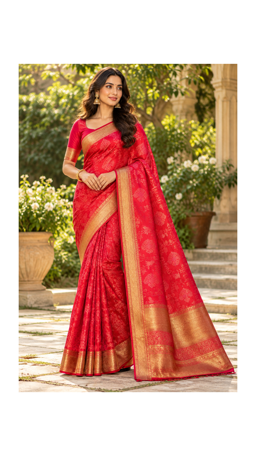 Crimson Red Brocade Silk Saree Main image