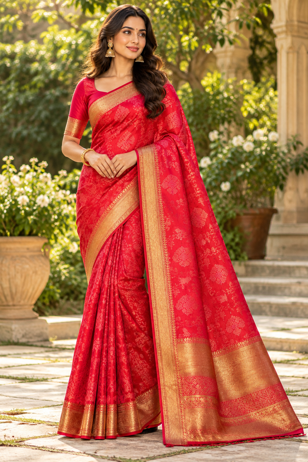 Crimson Red Brocade Silk Saree