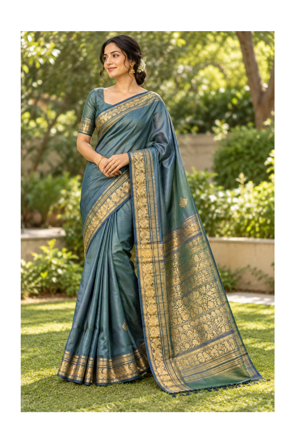 Teal and Gold Traditional Silk Saree Main image