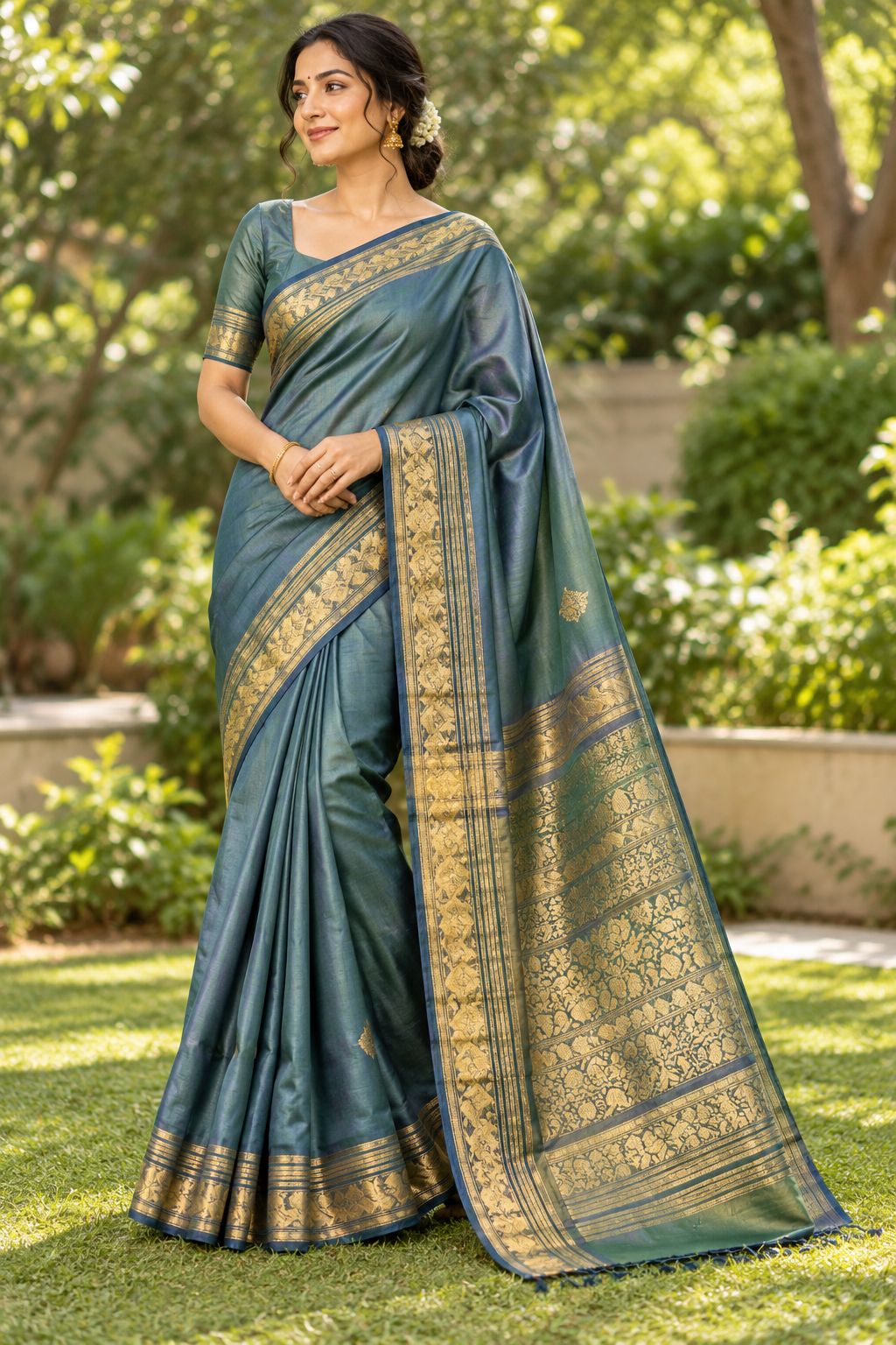 Teal Green Gold Brocade Saree