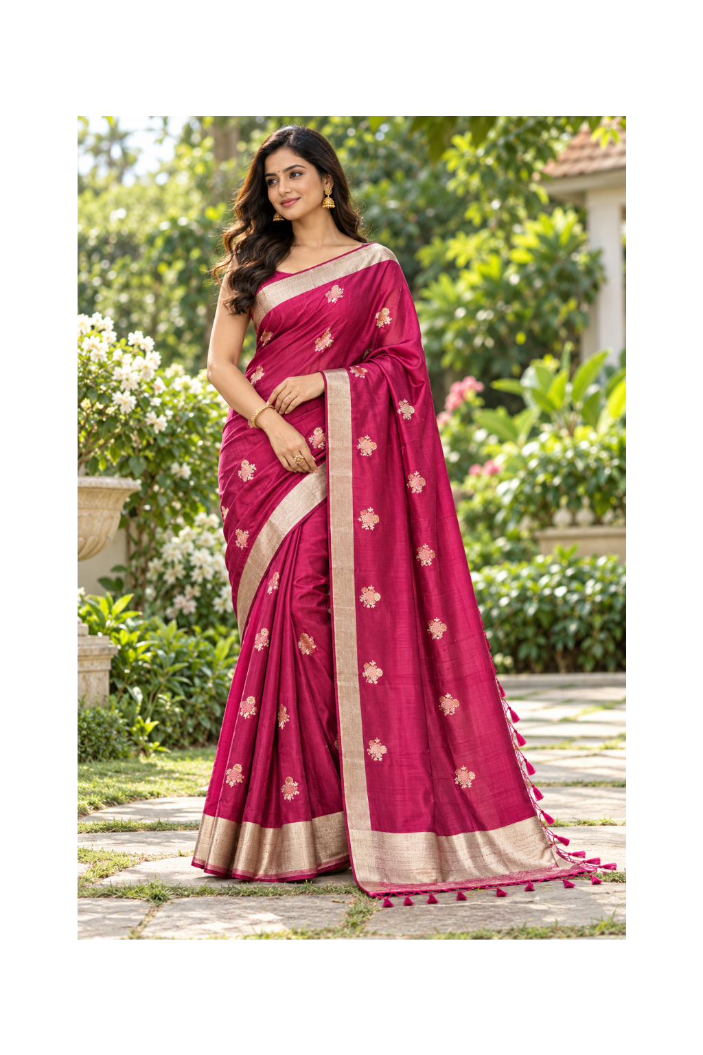 Magenta Gold Floral Silk Saree Main image