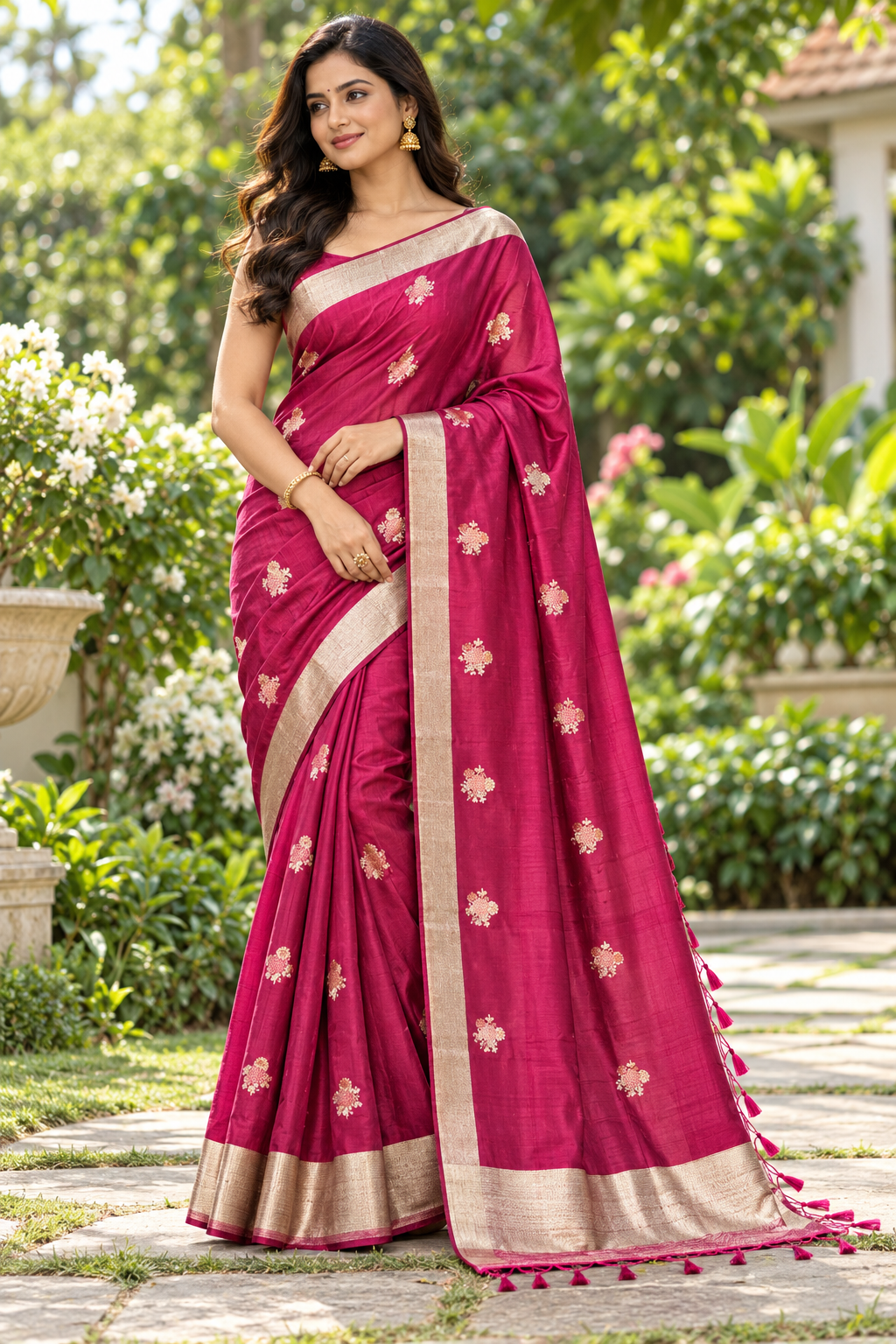 Magenta Gold Floral Silk Saree