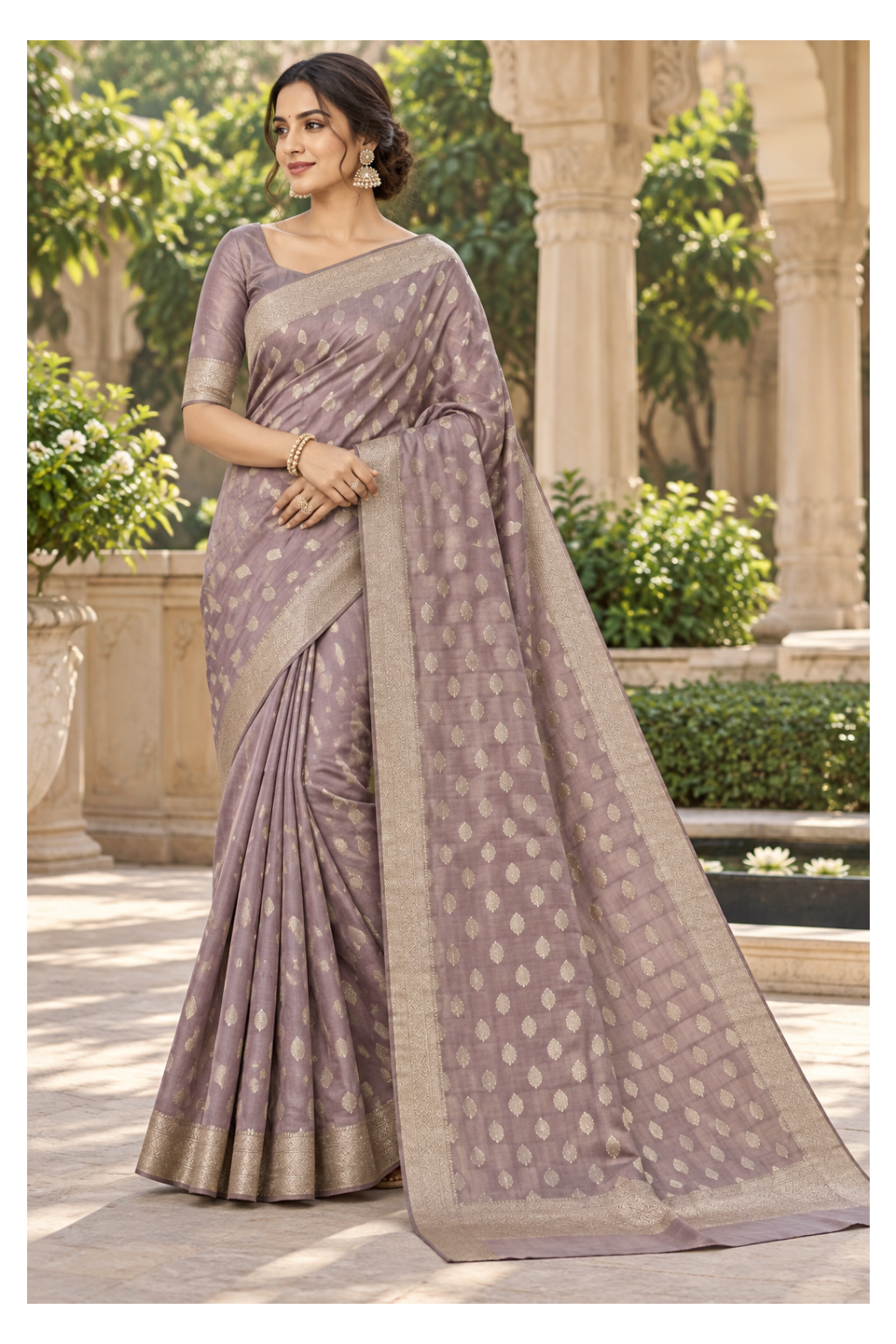 Dusty Mauve Banarasi Saree with Golden Zari Border Main image