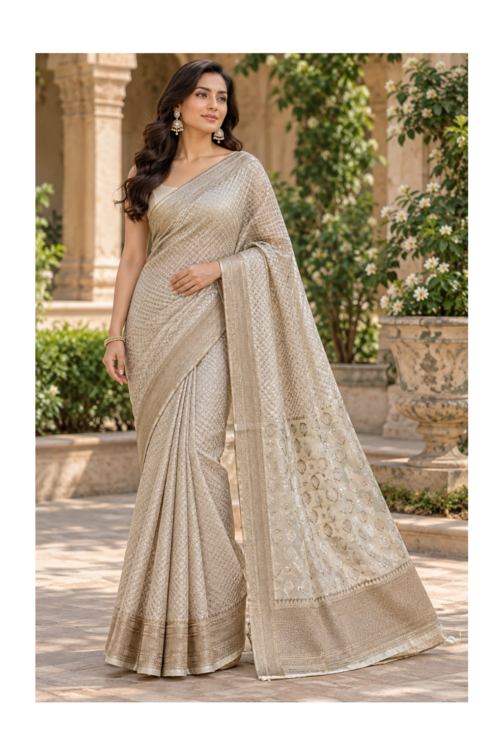 Champagne Gold Saree with Shimmering Silver-Golden Work Main image