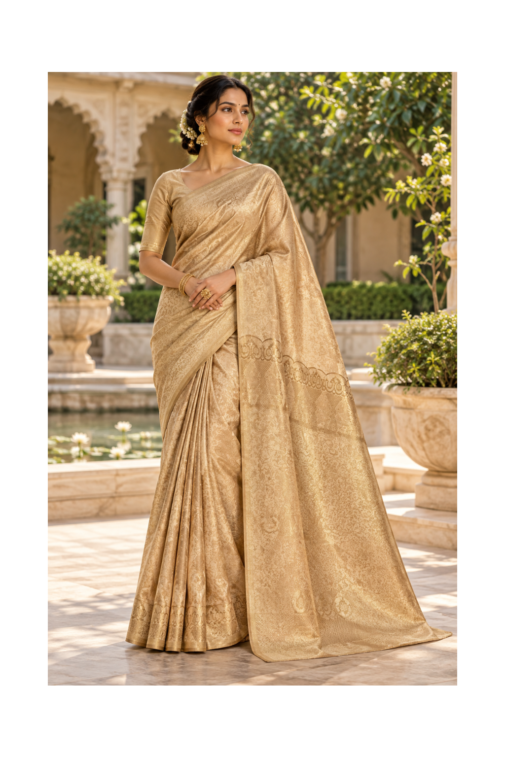 Royal Golden Banarasi Saree with Elegant Self-Woven Floral Design Main image