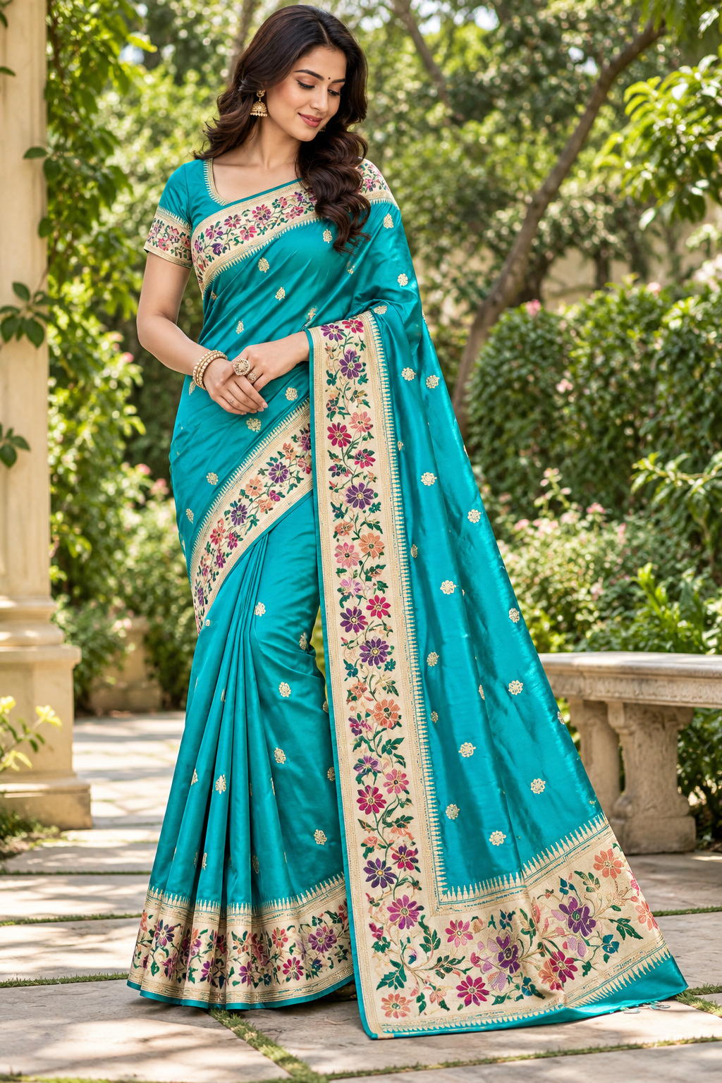 Turquoise Floral Brocade Silk Saree Main image