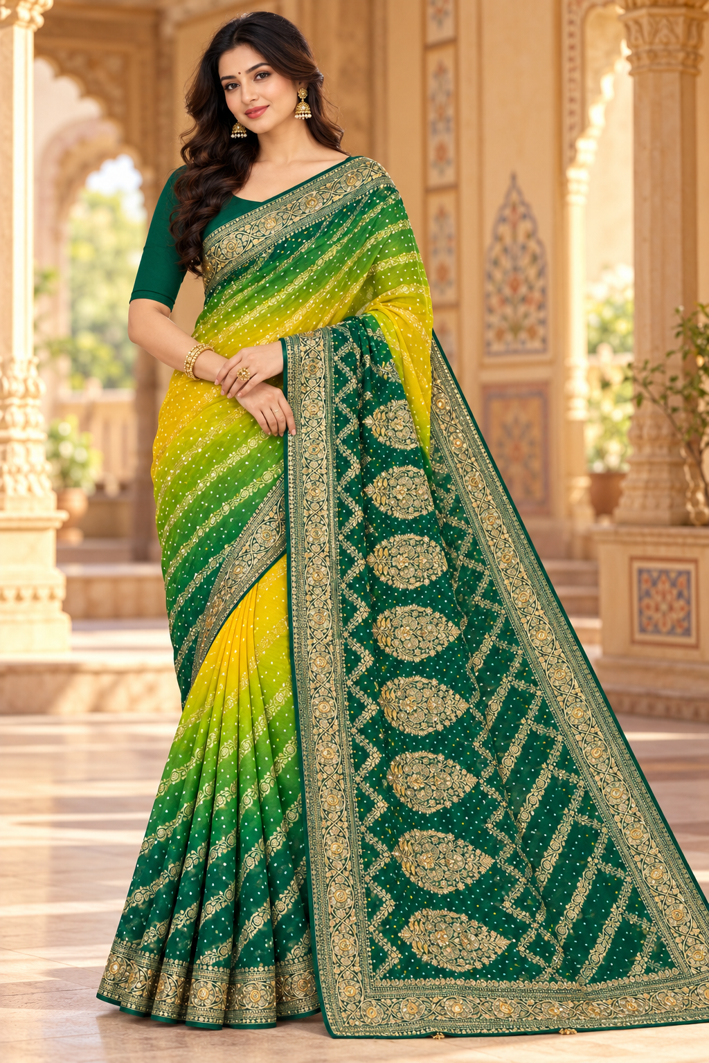Emerald Green and Sunshine Yellow Ombre Saree with Zari Embroidered Medallions Main image