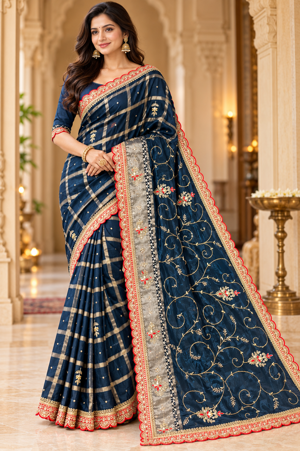 Midnight Blue Checkered Saree With Scalloped Red Border