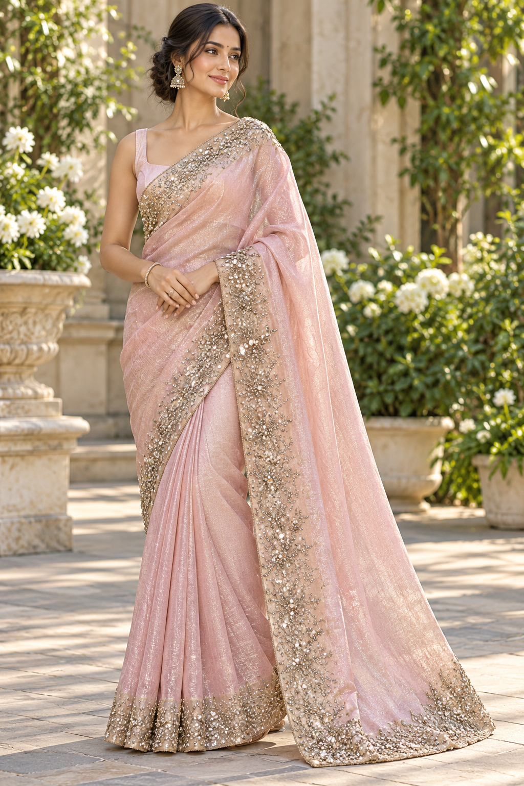 Blush Pink Embellished Organza Saree Main image