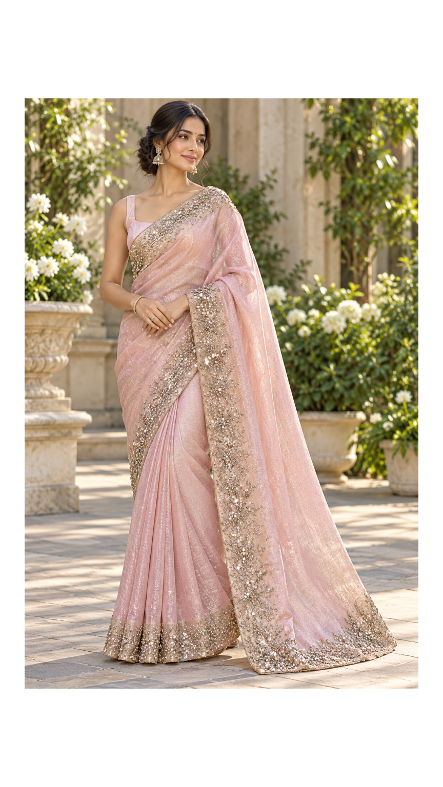 Blush Pink Embellished Organza Saree Main image