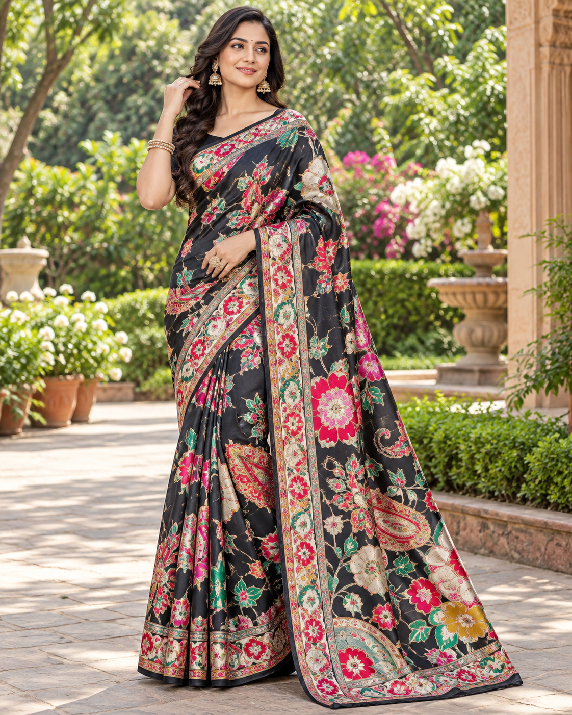Black Floral Kalamkari Silk Saree