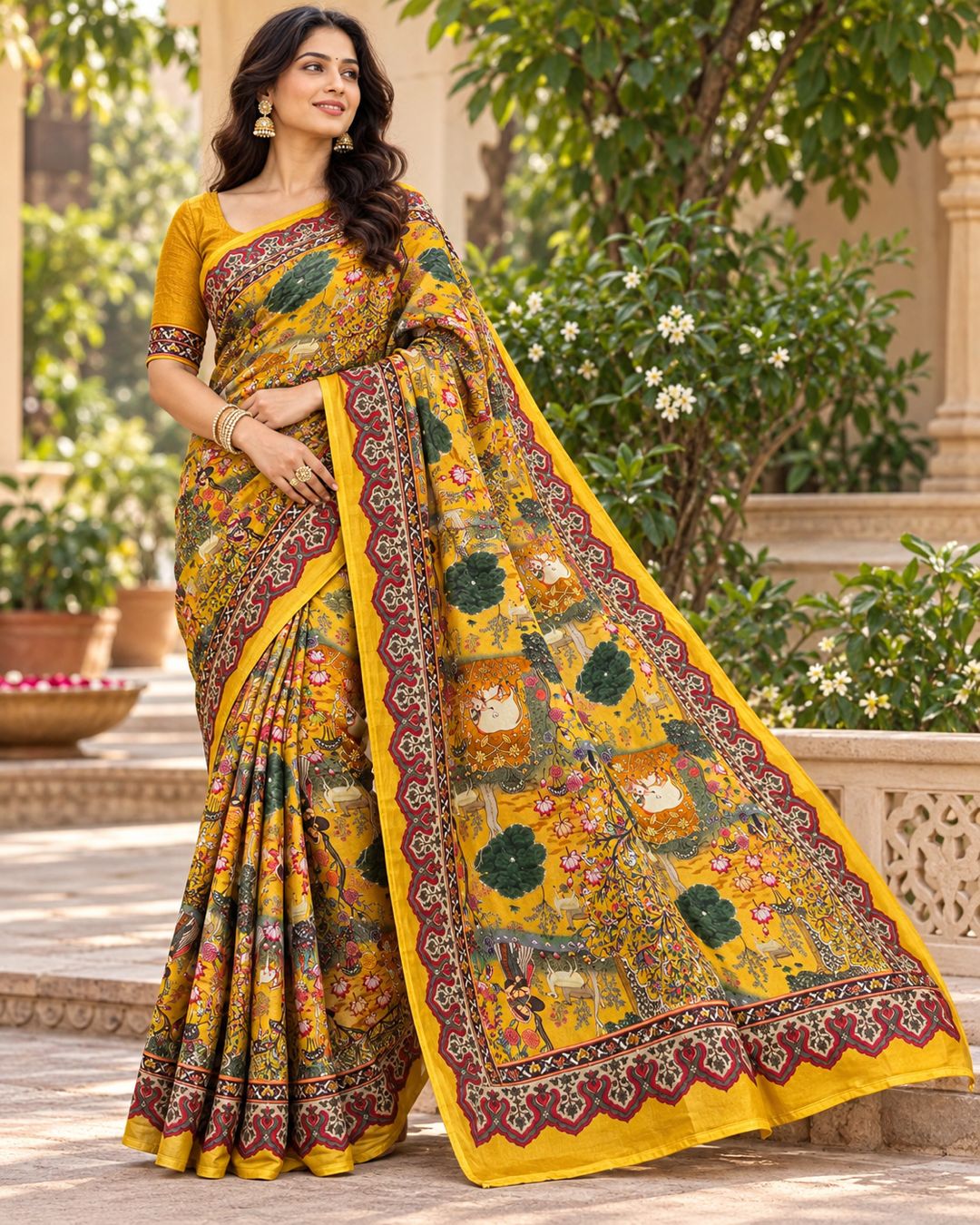 Black Silk Blend Saree with Kalamkari Pichwai Art Print Secondary image