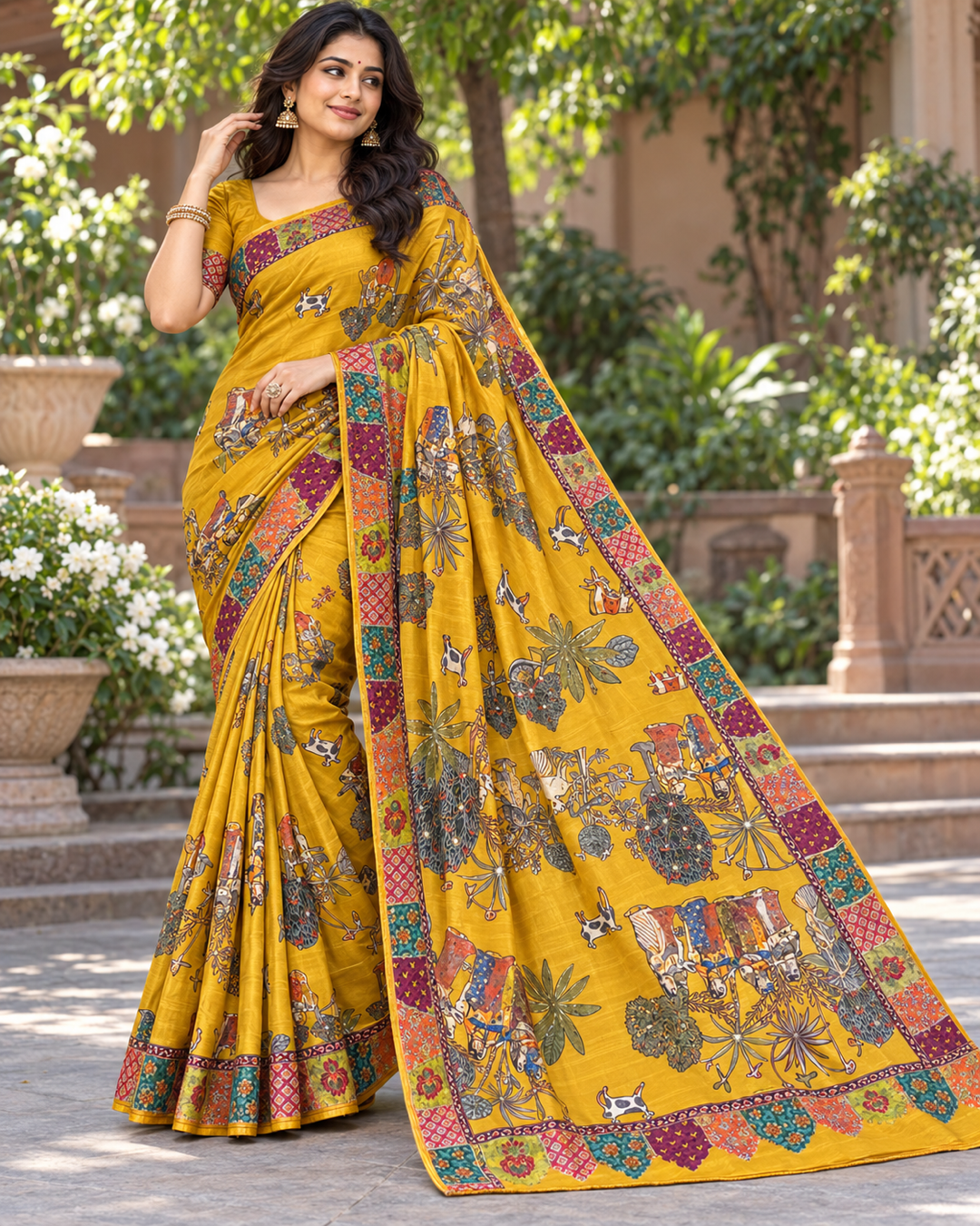 Cream Silk Saree with Kalamkari Tree-of-Life Print & Multi-Color Geometric Patchwork Border Secondary image