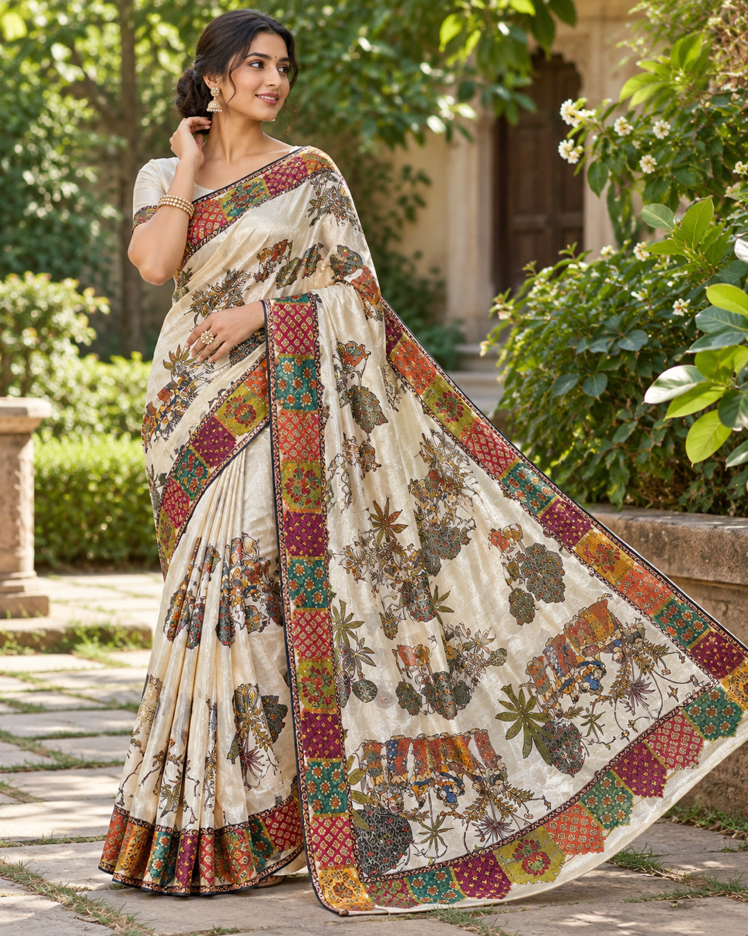 Cream Silk Saree with Kalamkari Tree-of-Life Print & Multi-Color Geometric Patchwork Border