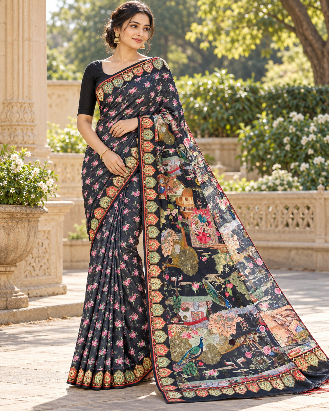 Elegant Black Floral Print Silk Saree