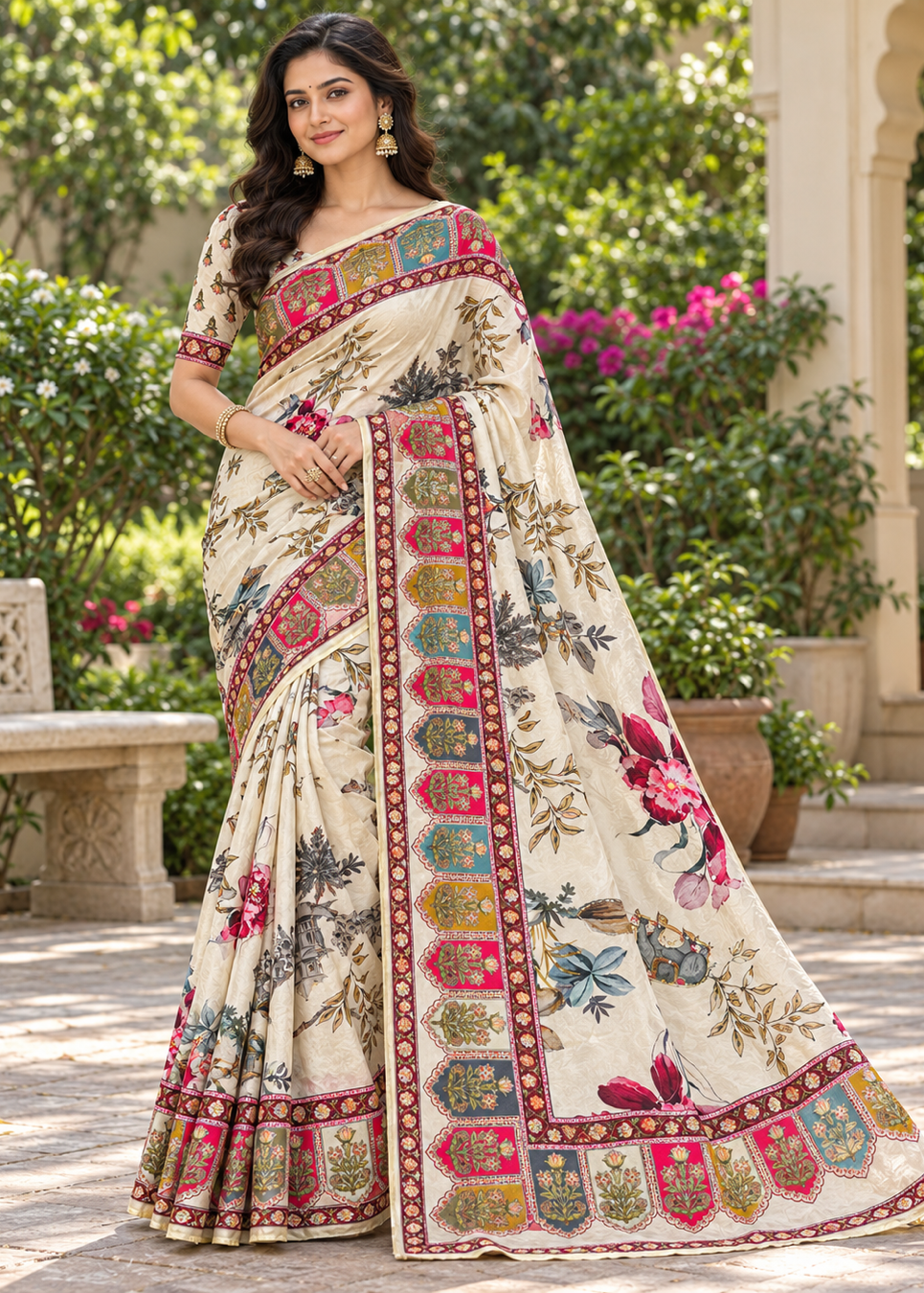 Cream Ivory Silk Saree with Kalamkari Botanical Prints &amp; Multi-Color Arched Mosaic Border