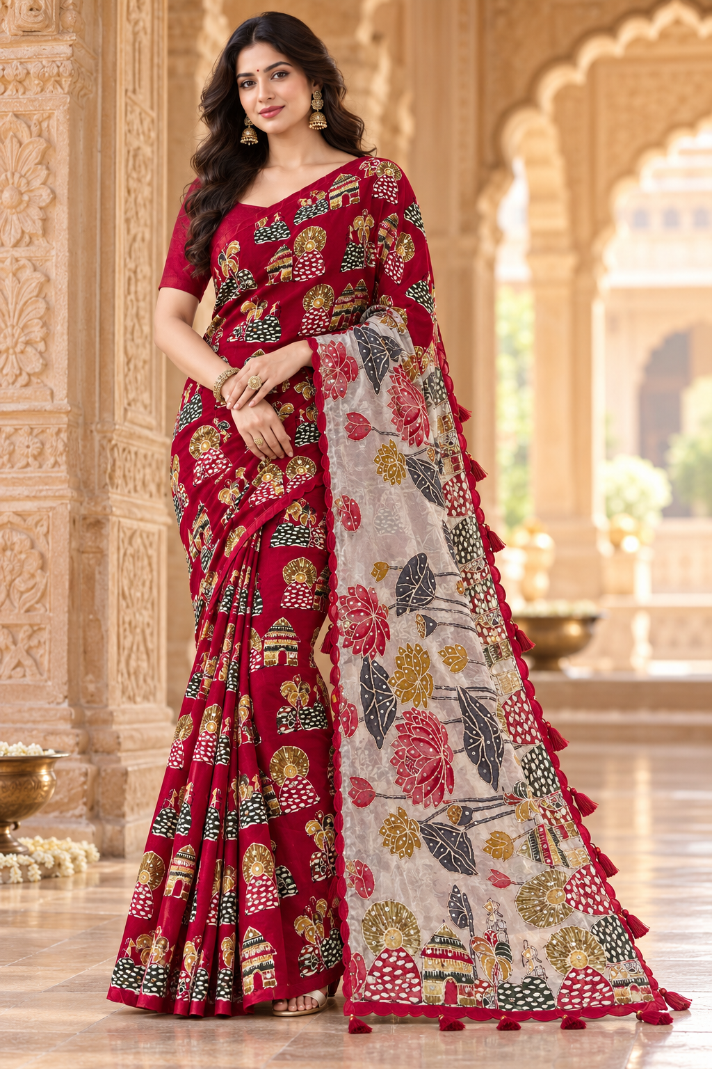Maroon and Cream Printed Saree Main image