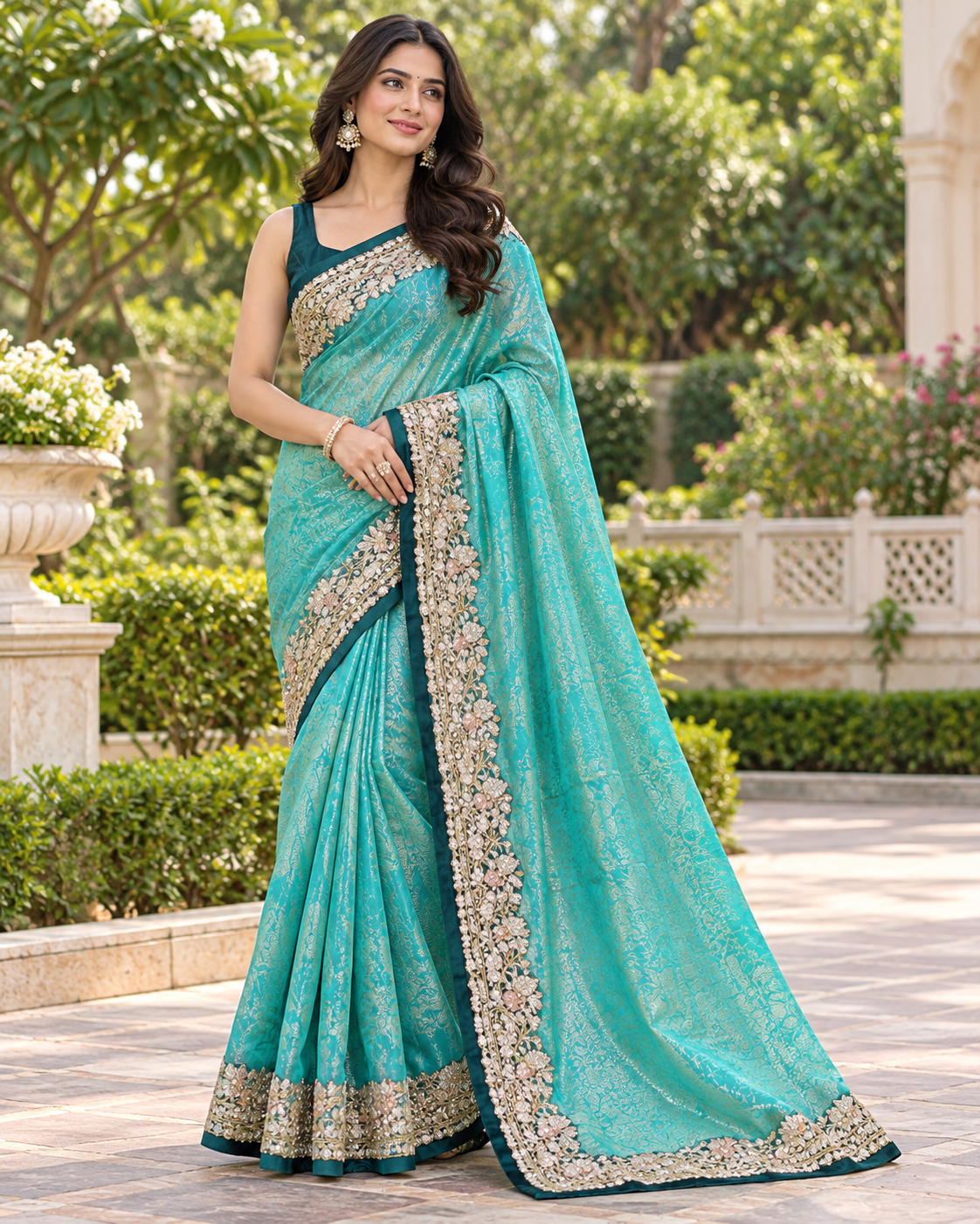 Turquoise Blue Embroidered Tissue Saree