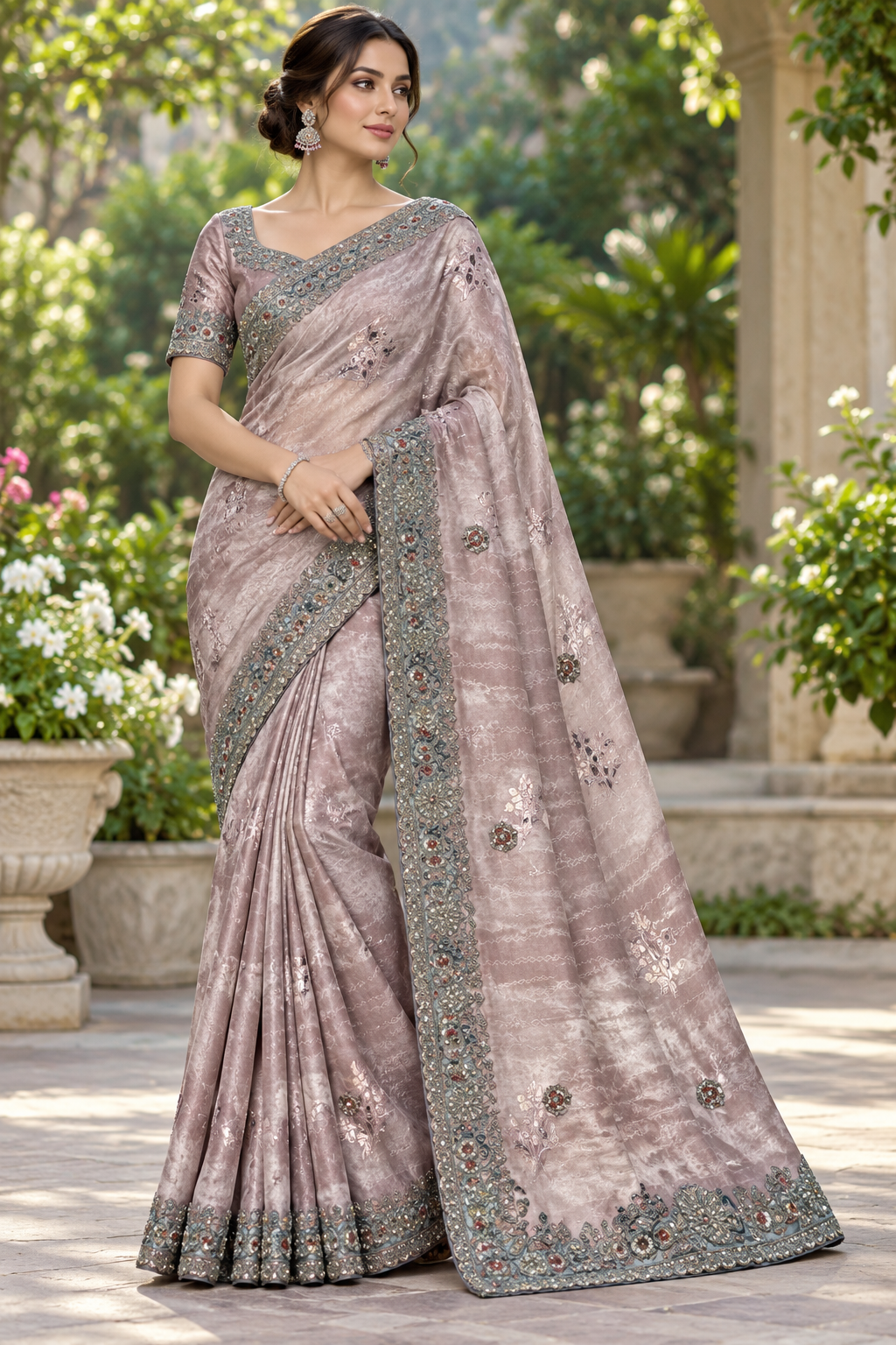 Dusty Rose Taupe Printed Silk Saree with Slate Blue Embellished Cutwork Border Main image