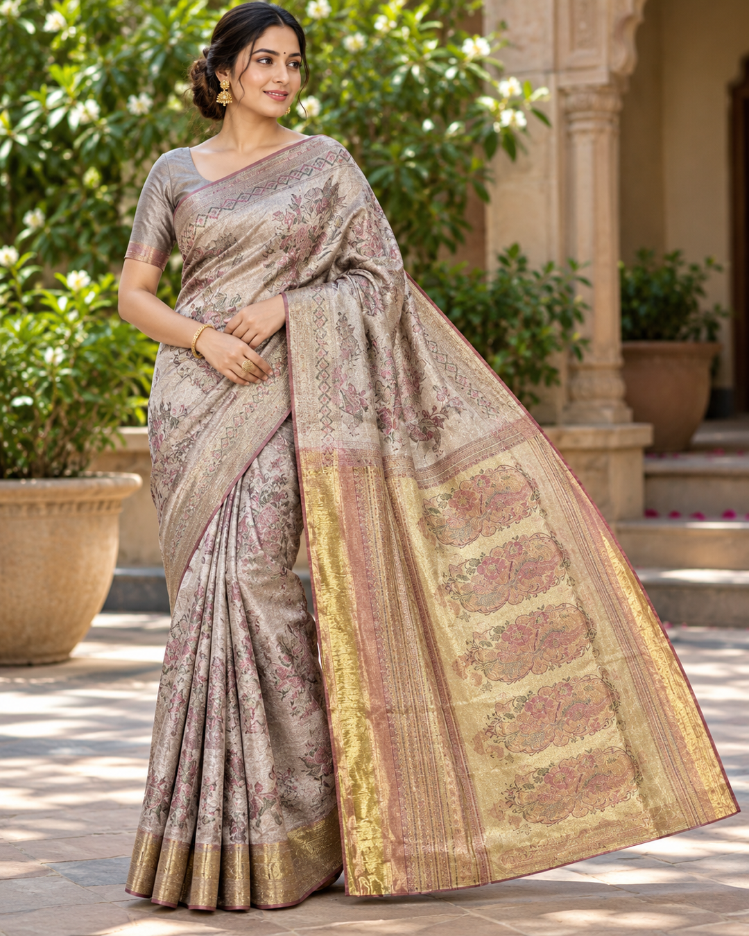 Taupe Silver Silk Saree with Floral Print & Antique Gold Zari Peacock Pallu