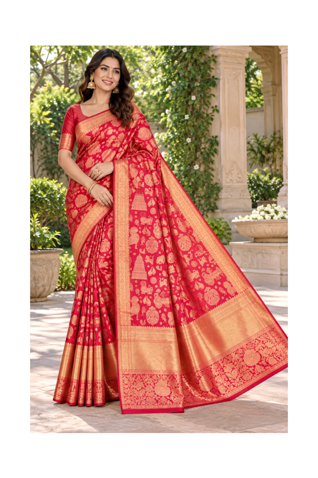Royal Red Banarasi Saree with Rich Golden Zari Border Main image
