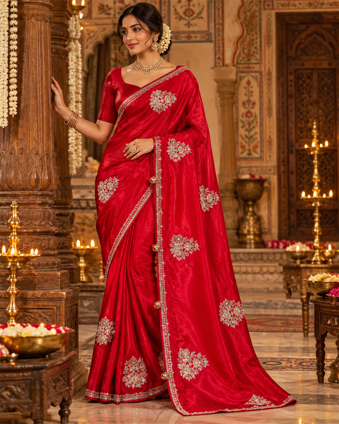 Crimson Red Silk Saree with Silver Zardozi Floral Medallions & Hanging Tassel Detail