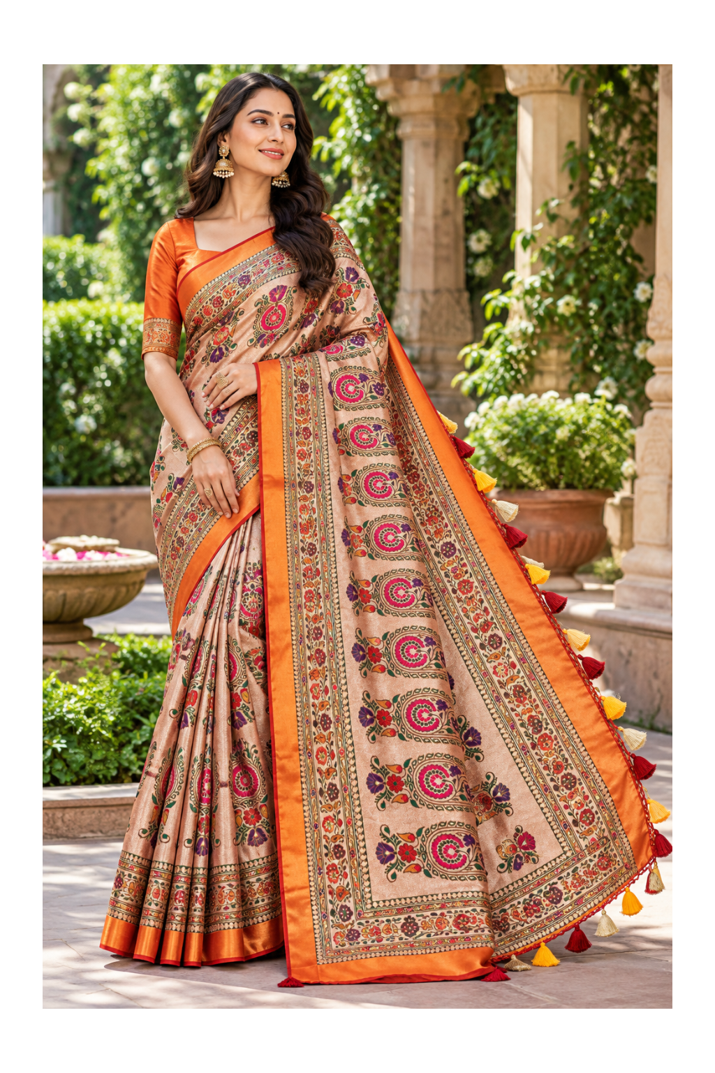 Beige & Orange Kalamkari Print Saree with Multicolour Paisley Pallu Main image
