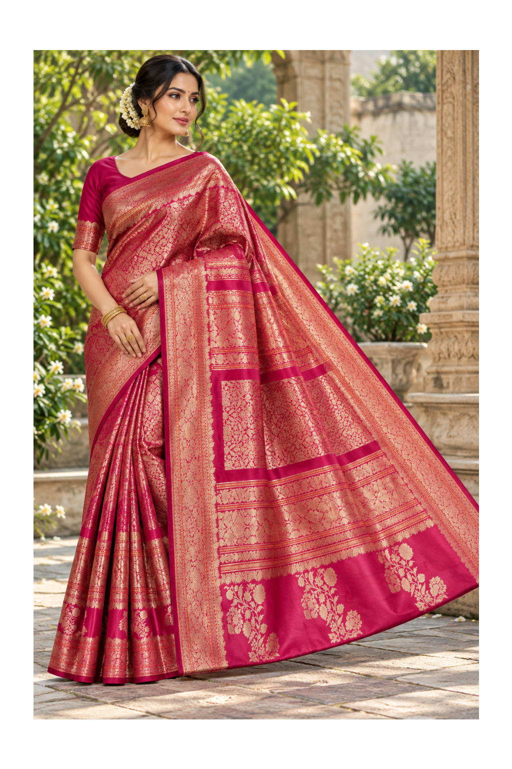 Rani Pink Banarasi Saree with Rich Golden Zari Floral Border