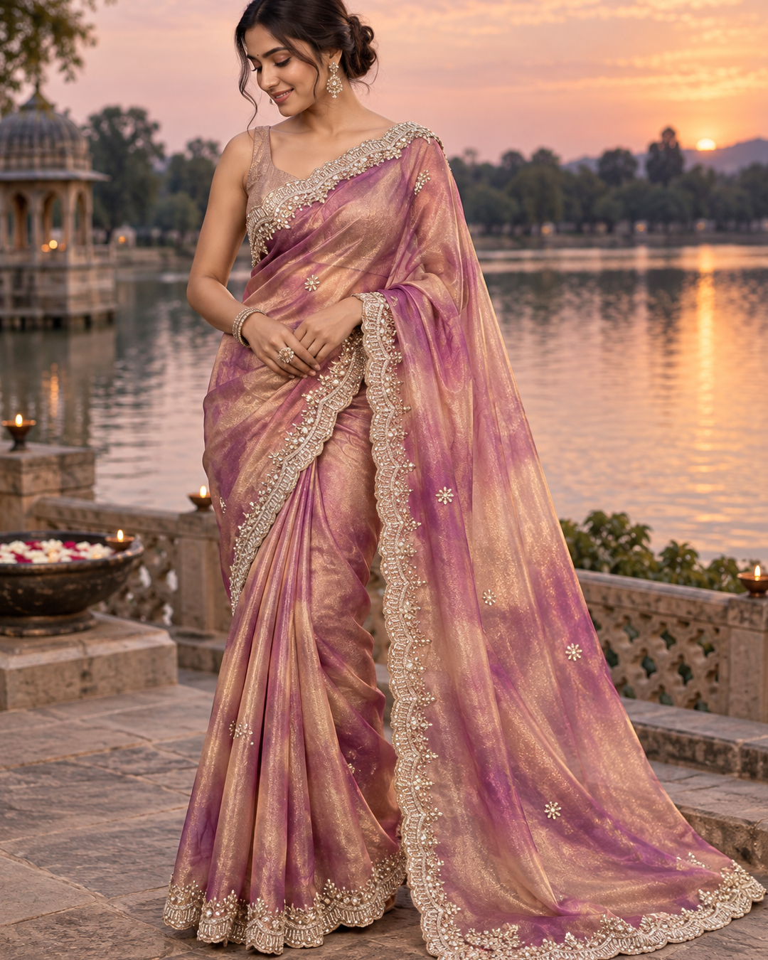 Mauve Purple & Gold Shimmer Tissue Organza Saree with Scalloped Pearl Embroidered Border