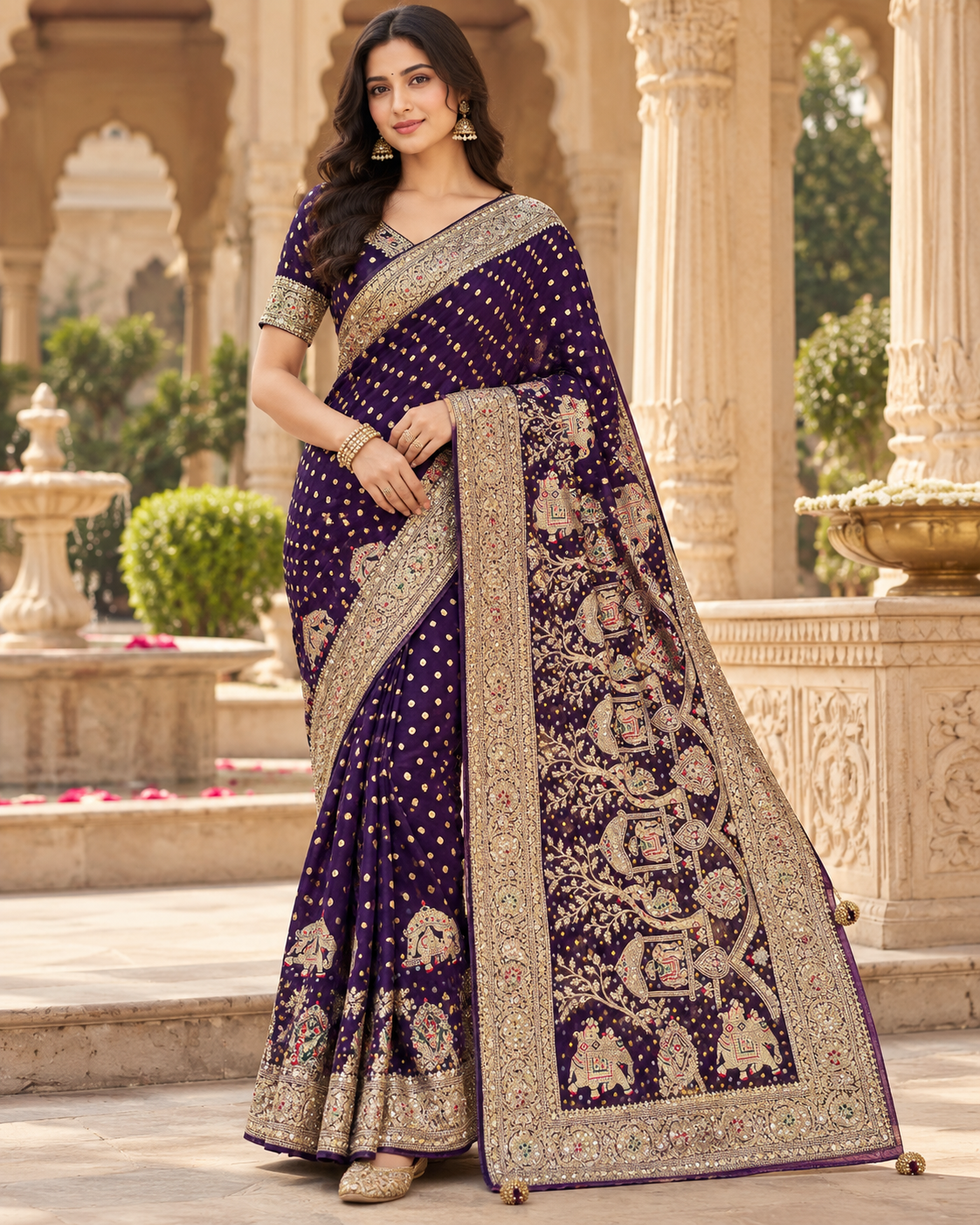 Royal Purple Gold Zari Elephant Motif Saree