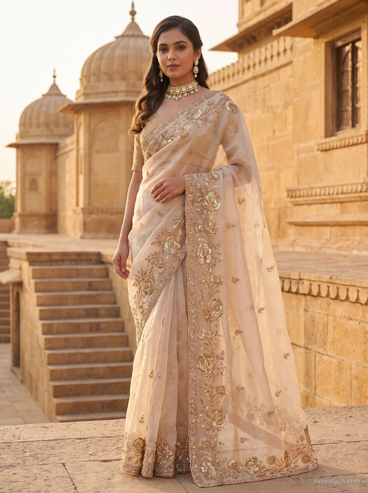 Champagne Gold Organza Silk Embroidered Saree