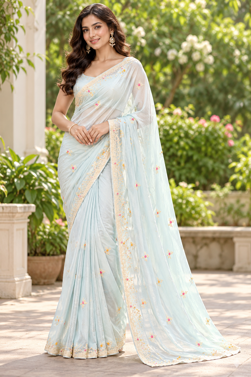 Champagne Gold Organza Silk Embroidered Saree Secondary image