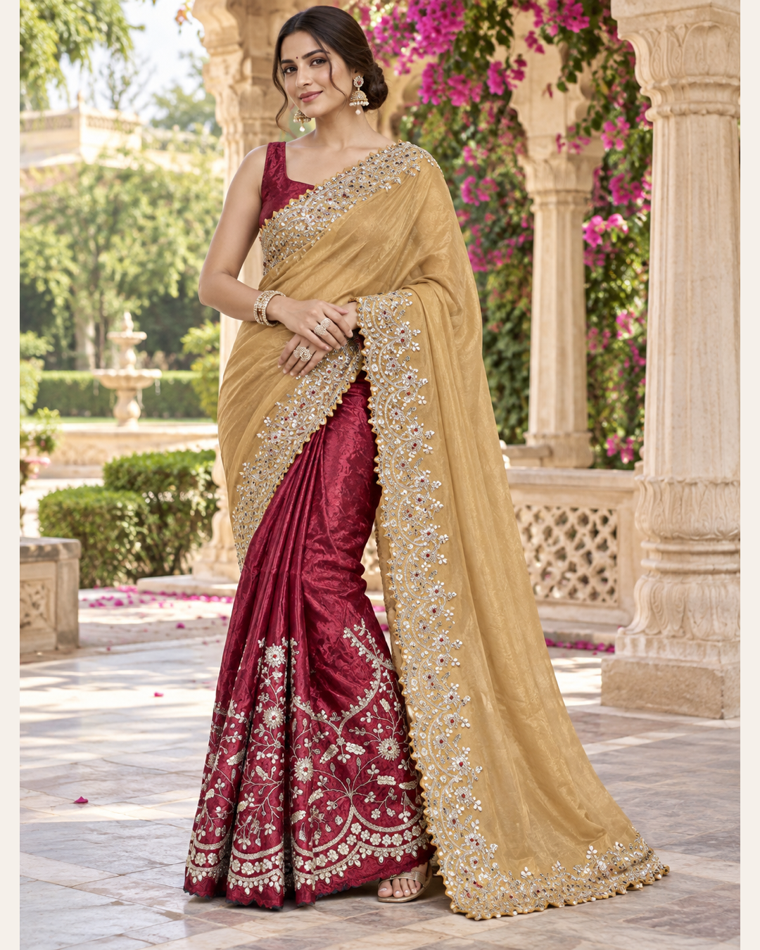 Mustard Yellow Saree with Silver Embroidered Border Main image
