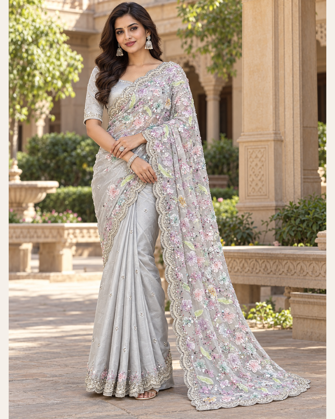 Pastel Grey Floral Embroidered Saree with Scalloped Border Main image
