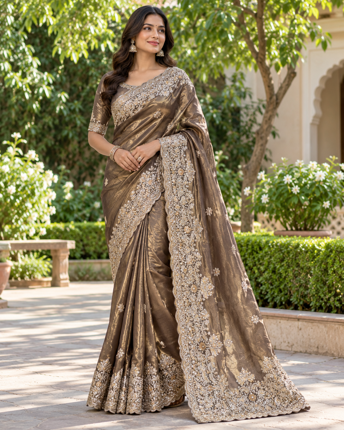 Bronze Metallic Embroidered Tissue Saree