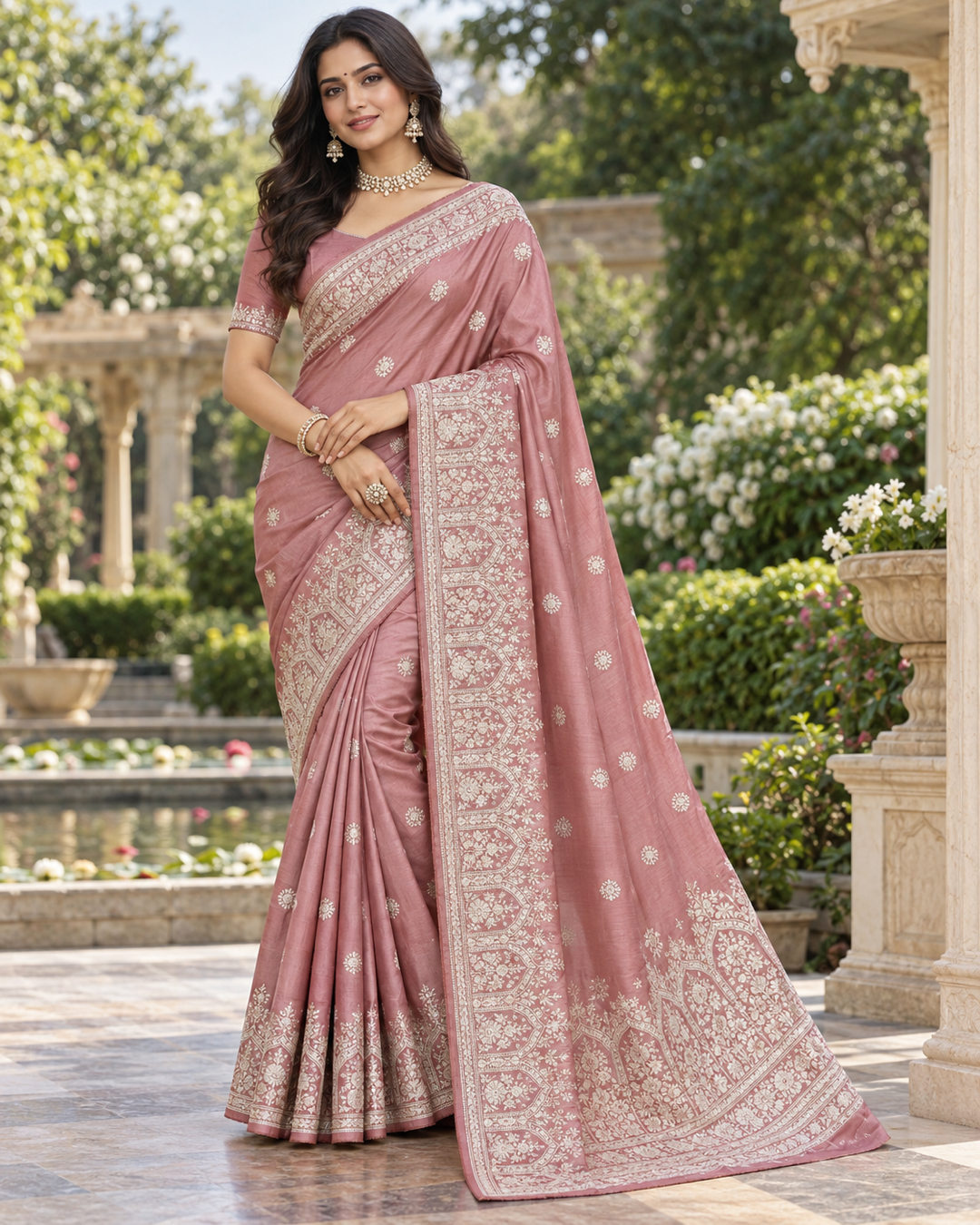 Dusty Rose Floral Butis Saree