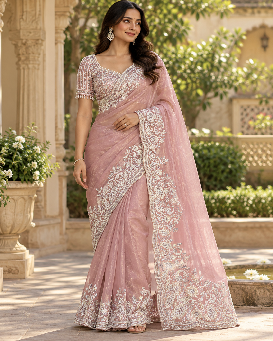 Elegant Pink Organza Saree with Intricate White Embroidery