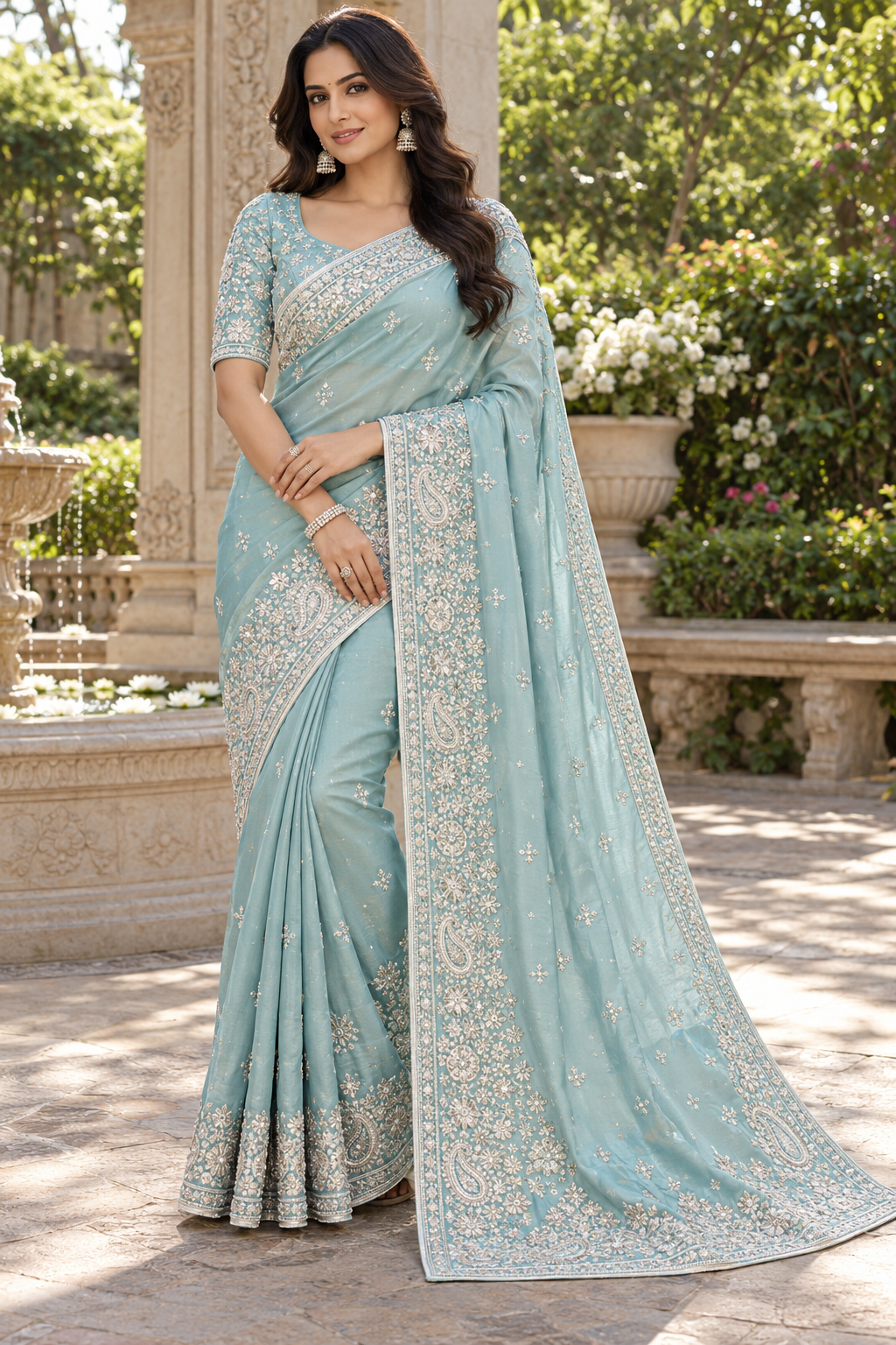 Light Ice Blue Silk Saree with Intricate Silver Zardozi Paisley Embroidery & Pearl Accents