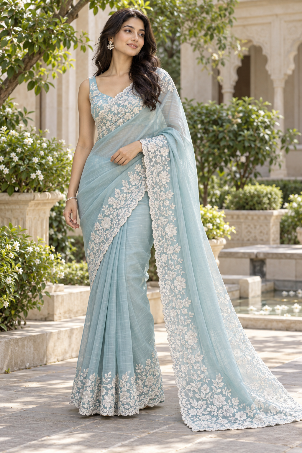 Sky Blue Tissue Silk Saree with White Resham Floral Scalloped Cutwork Border Main image