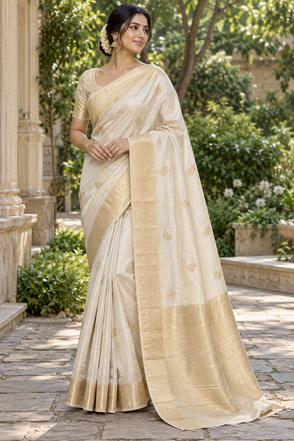 Radiant Ivory Tissue Silk Saree with Gold Zari Floral Sprigs & Woven Border