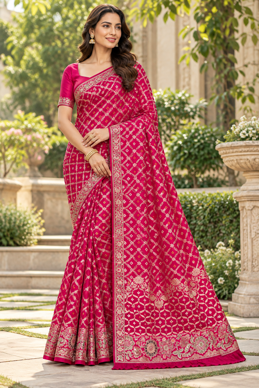 Fuchsia Pink Bandhani Silk Saree Main image