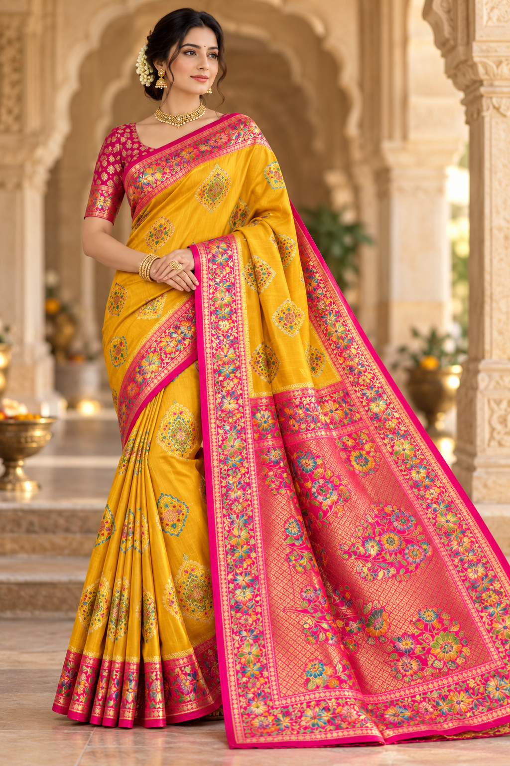 Bright Yellow Floral Banarasi Silk Saree