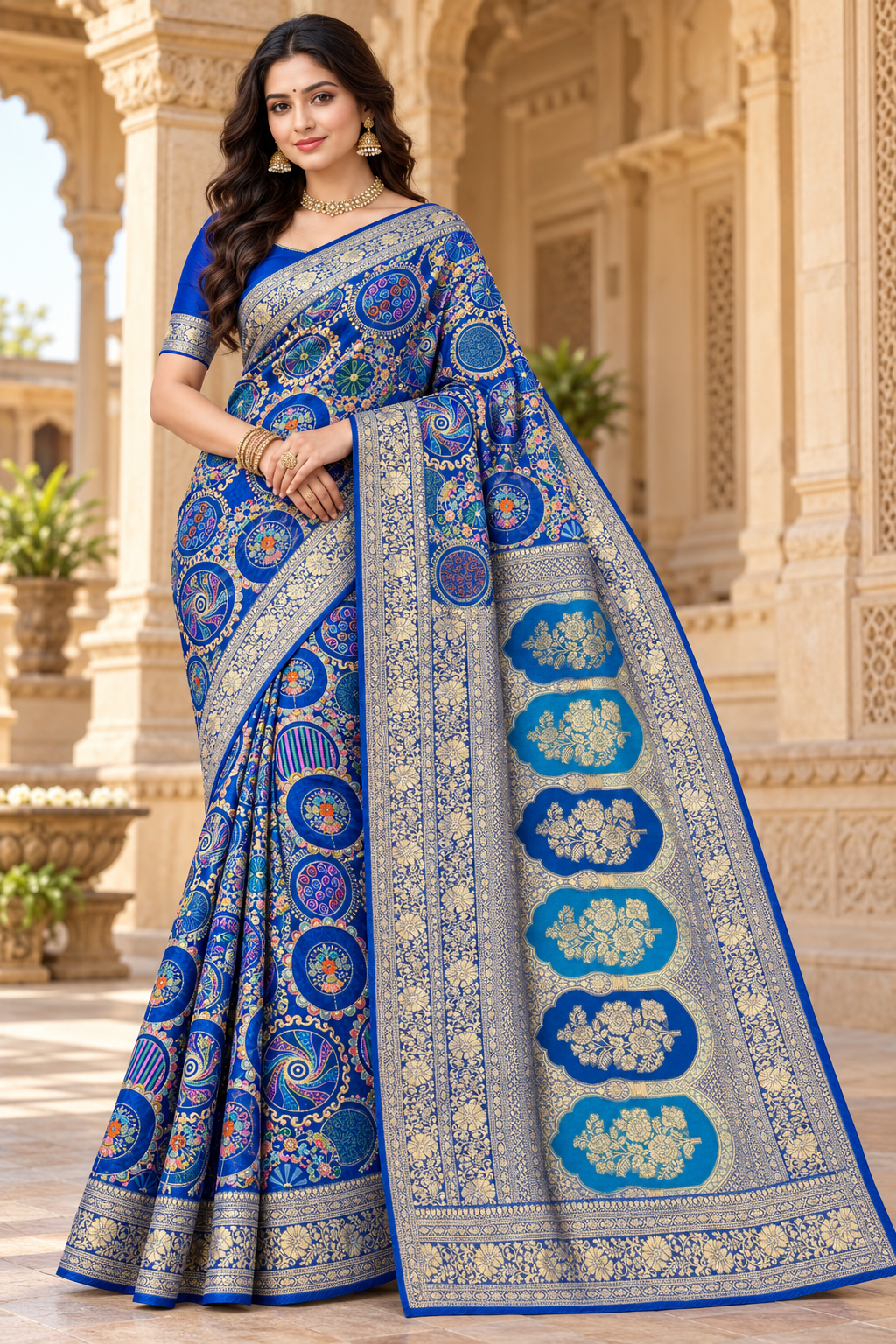 Royal Blue Printed Banarasi Silk Saree Main image