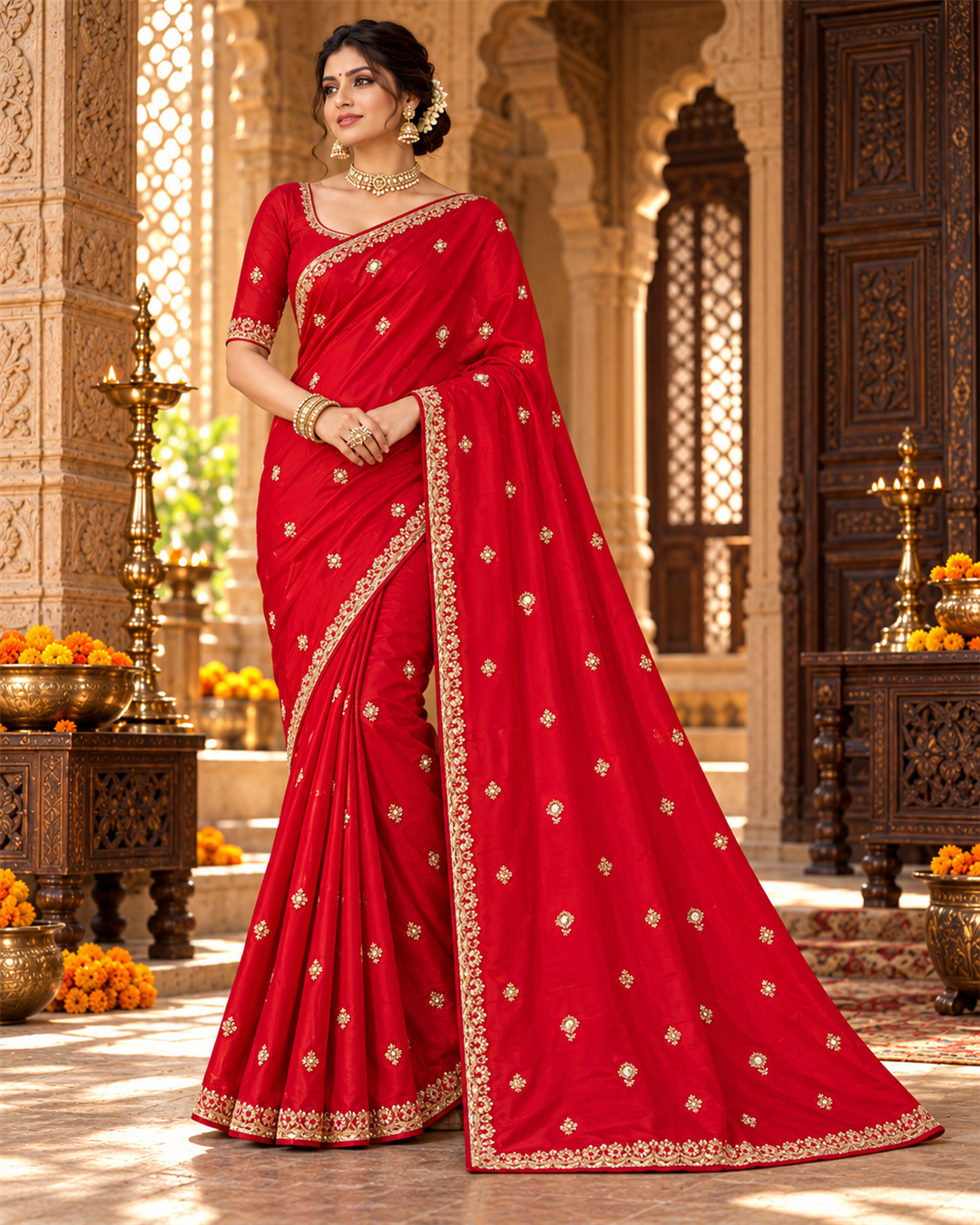 Elegant Crimson Silk Embroidered Saree