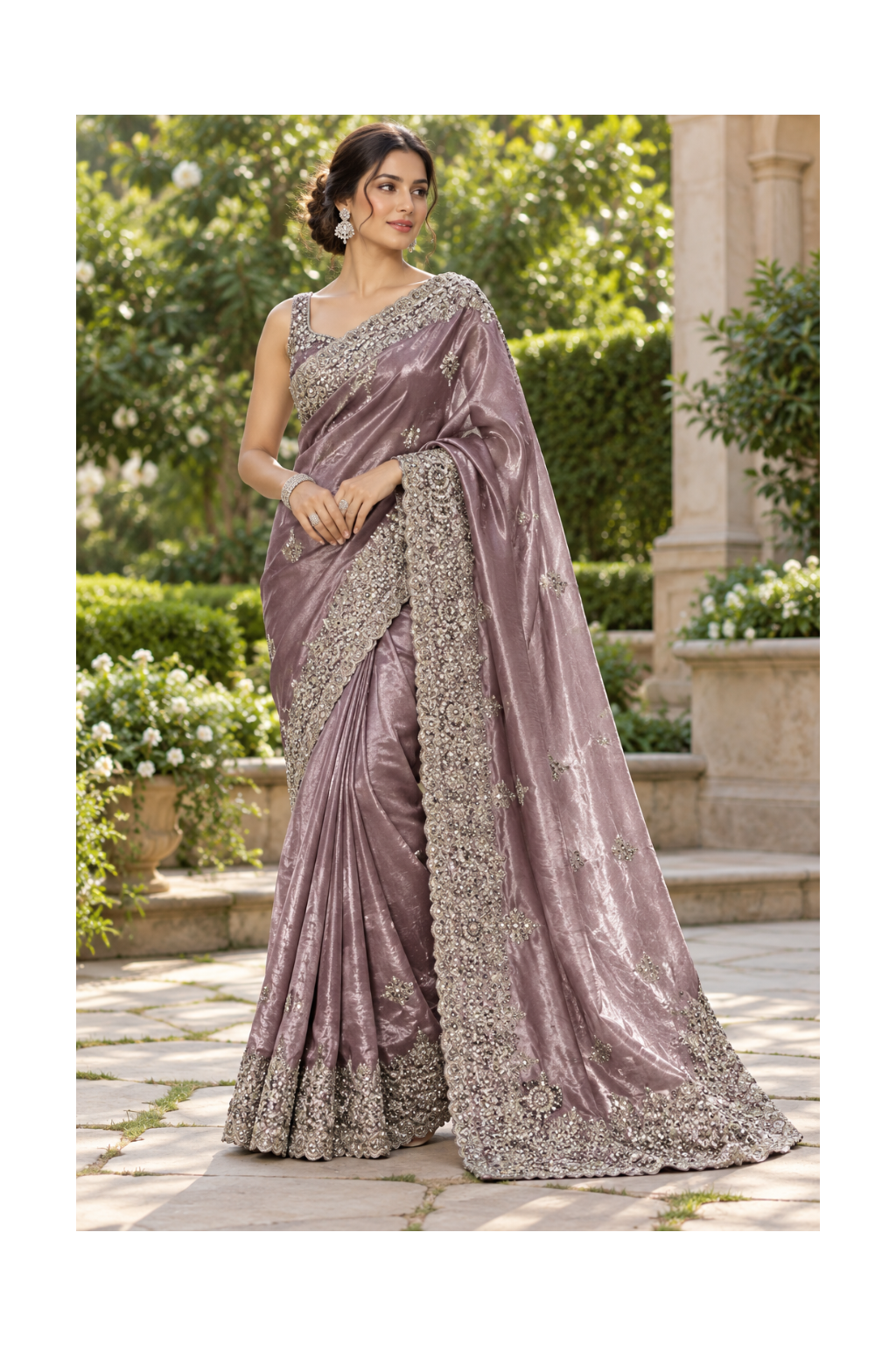 Mauve Lavender Metallic Embroidered Tissue Saree Main image