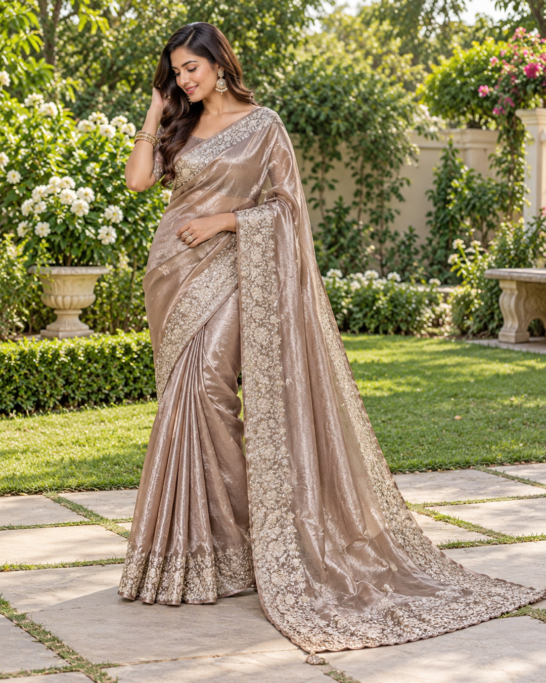 Bronze Metallic Silk Tissue Saree with Floral Vine Embroidery & Zardozi Border