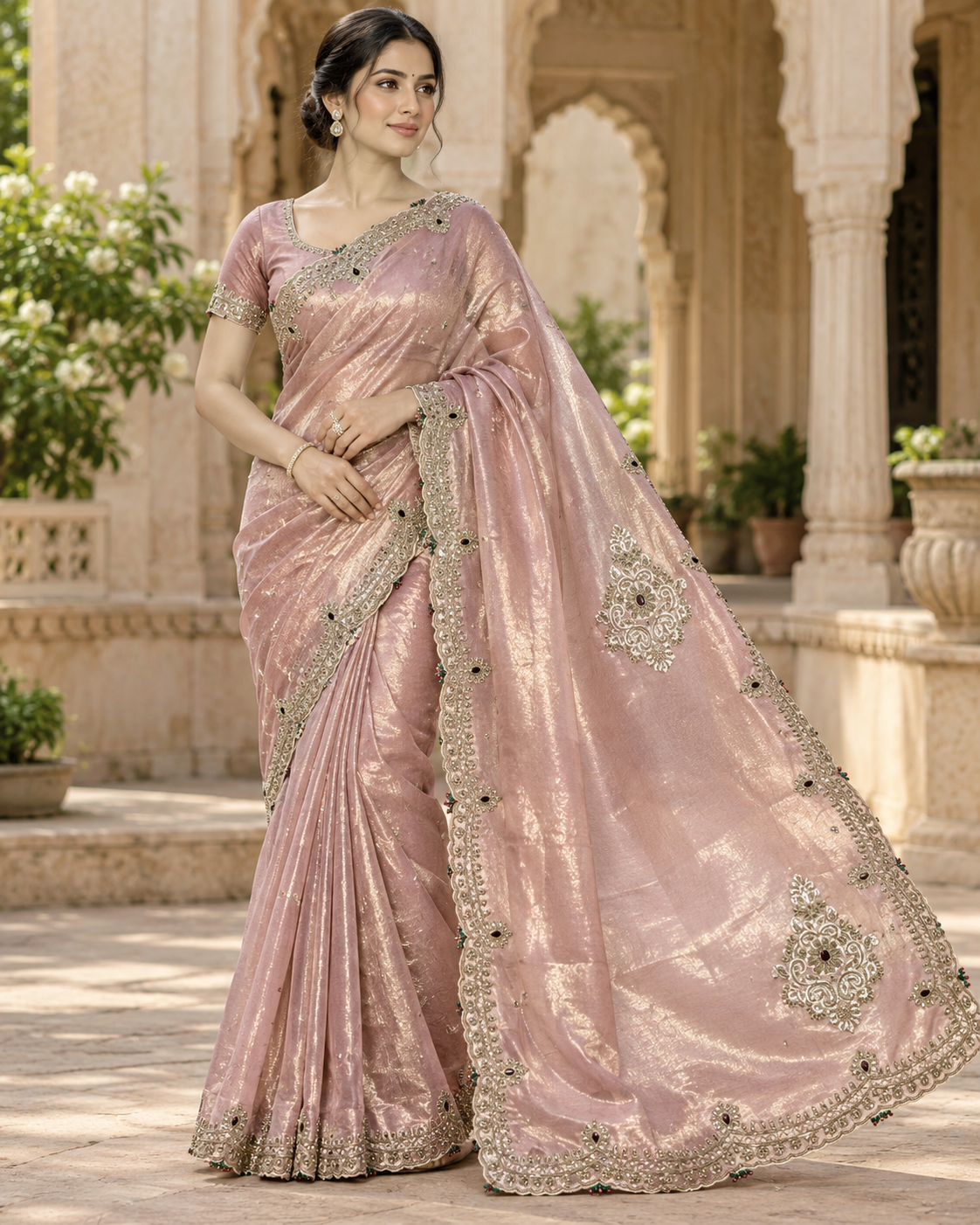 Blush Pink Tissue Silk Saree with Rose Gold Metallic Sheen & Scalloped Zardozi Border